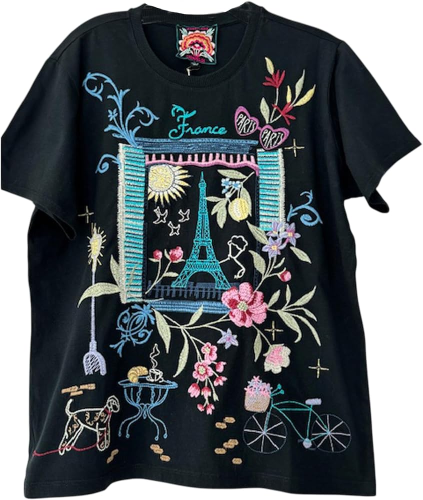 Johnny Was Paris Crew Tee Short Floral Embroidered Cotton Shirt